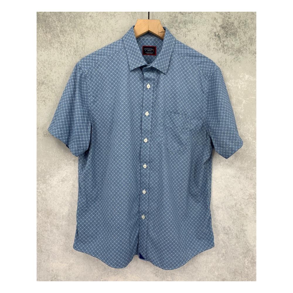 UNTUCKit Shirt Mens Medium Blue Geometric Performance Stretch Short Sleeve